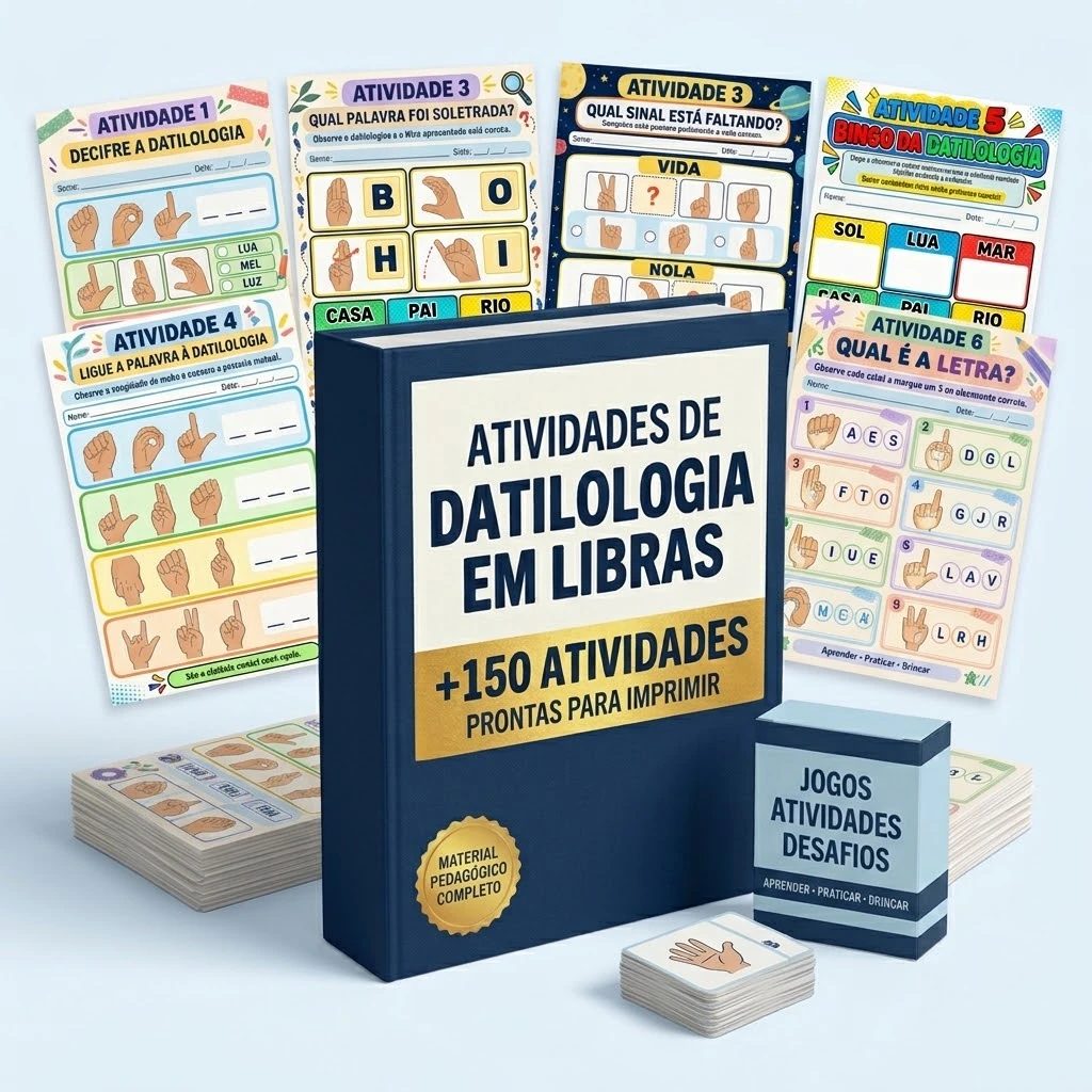 Mockup do kit com +150 atividades de Datilologia em Libras prontas para imprimir